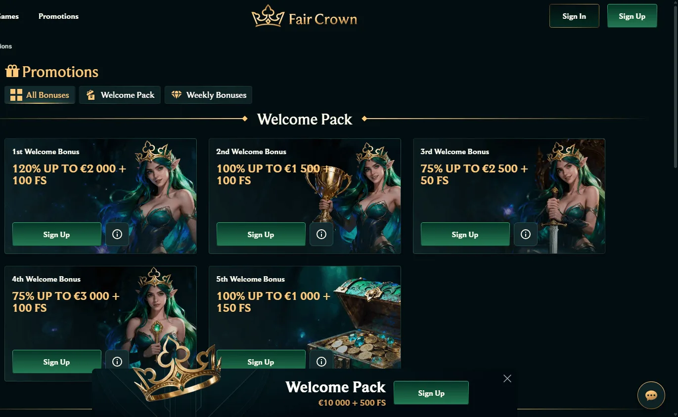 Faircrown Casino desktop promotions area with bonus offers and free spins