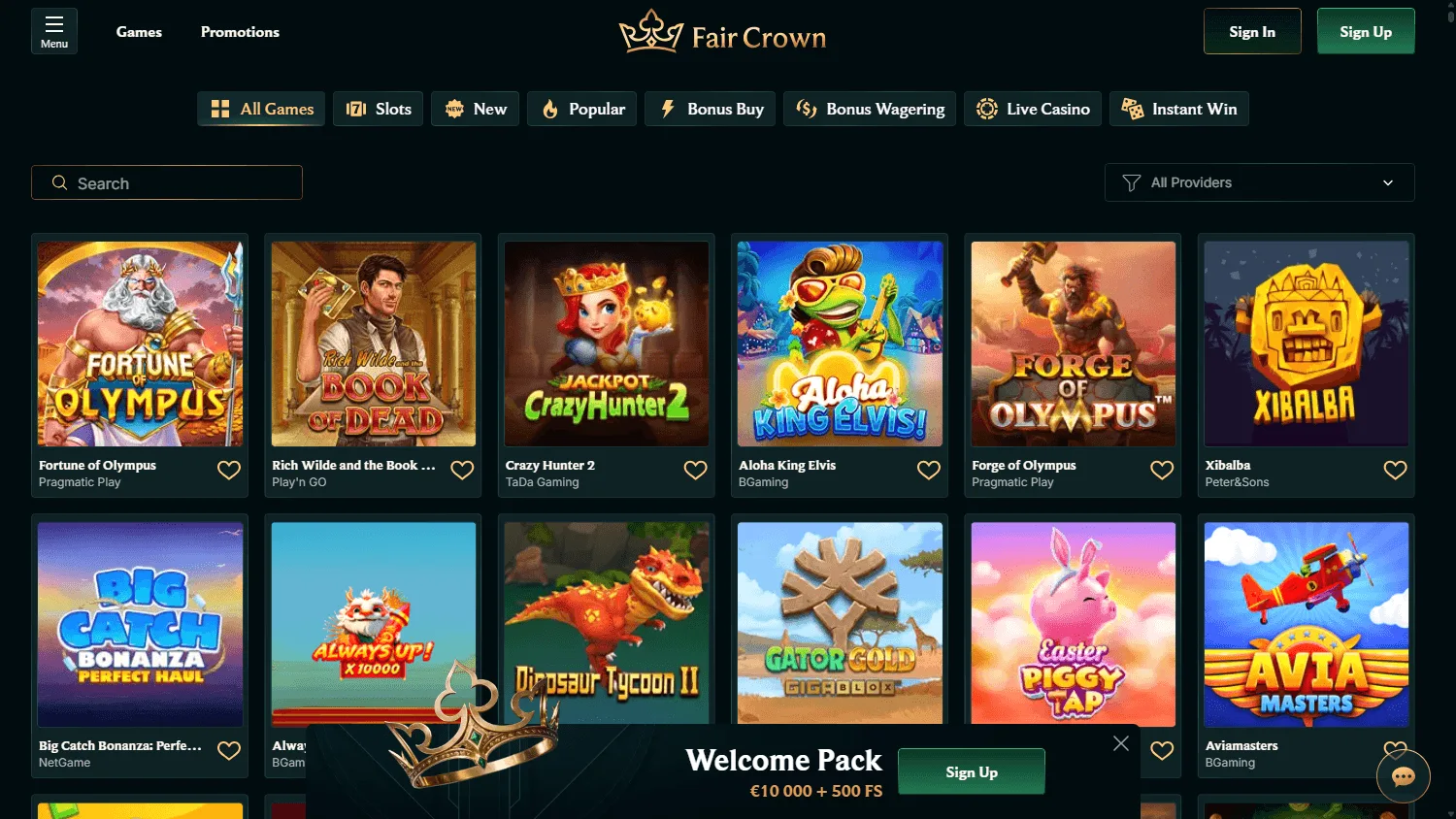 Faircrown Casino desktop games area with casino categories and game selection