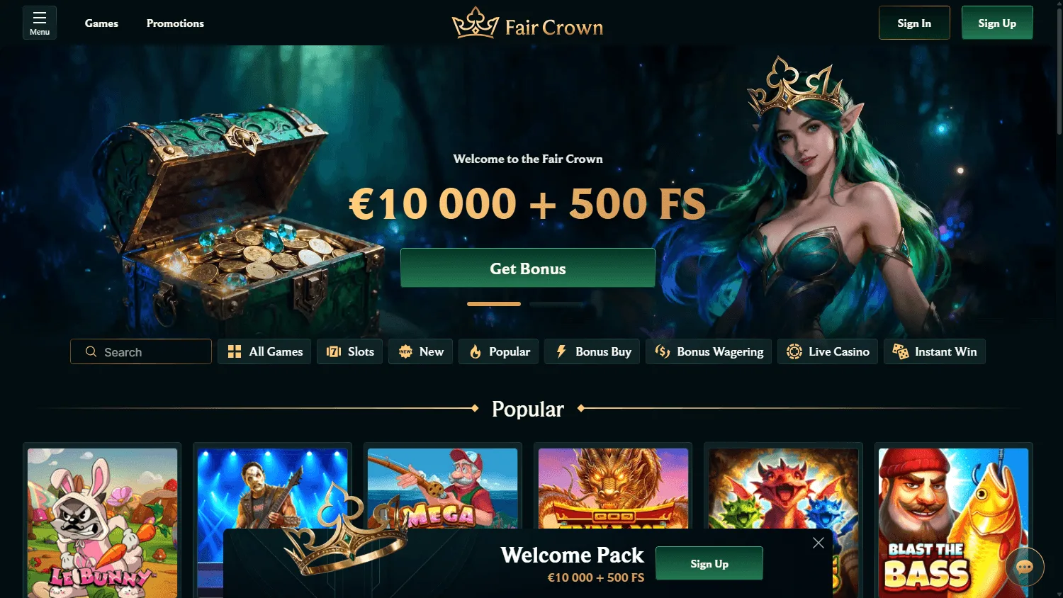 Faircrown Casino desktop home screen with casino navigation and promotional content