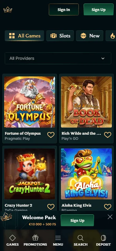 Faircrown Casino mobile games area with casino categories